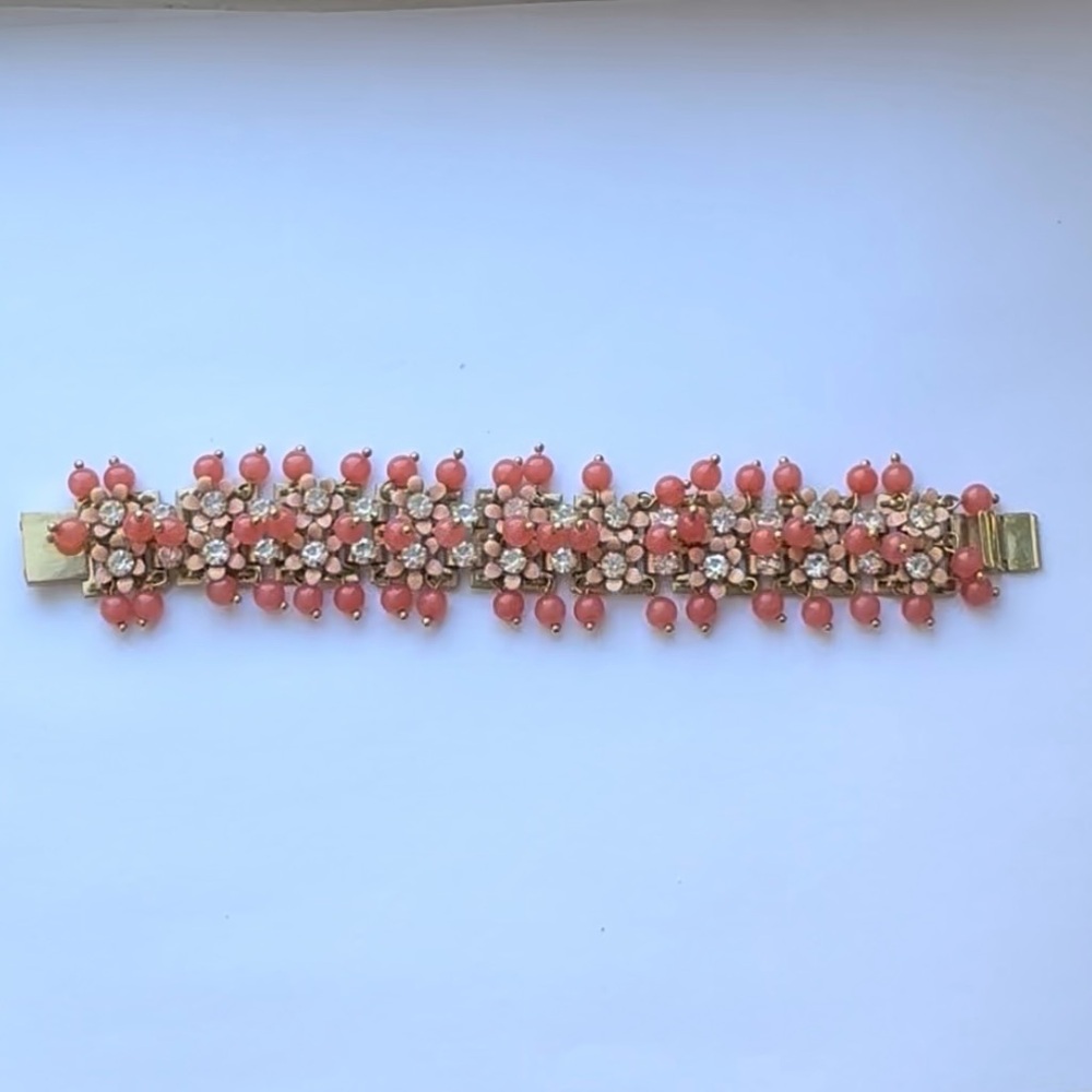 J. Crew Rhinestone, Coral Colored Bead, and Gold Bracelet